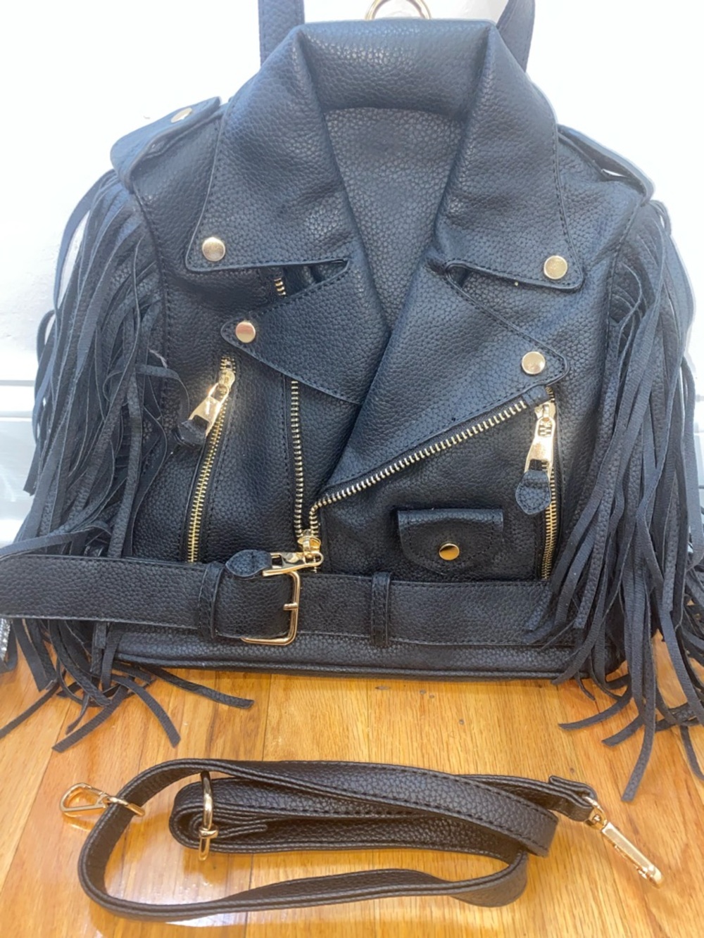 Black Fringe Biker Jacket Style Leather Crossbody Bag